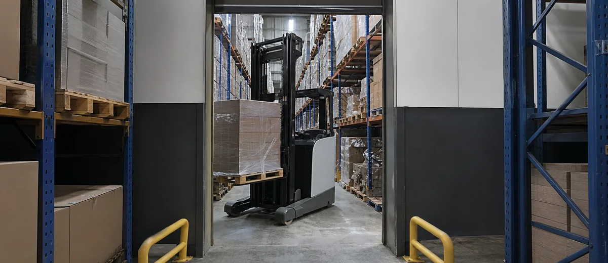 Electric reach truck moving through a warehouse doorway and aisle