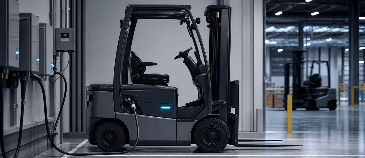 Electric forklift connected at an industrial charging bay