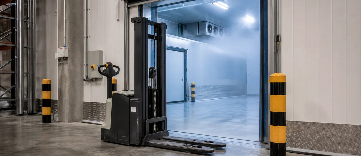 Electric stacker positioned at a cold-storage doorway