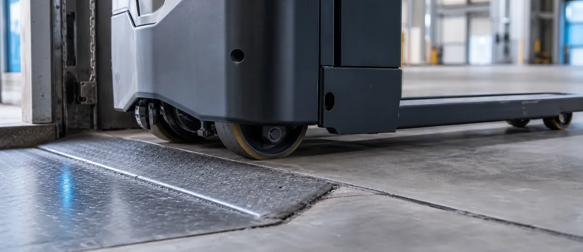 Electric pallet truck crossing a warehouse floor transition