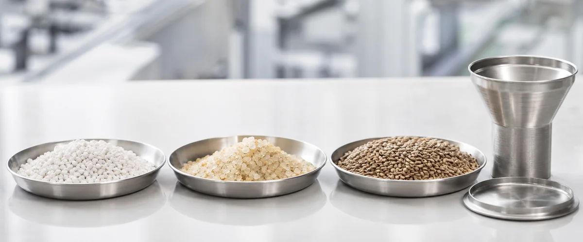 Granule samples prepared for packaging configuration
