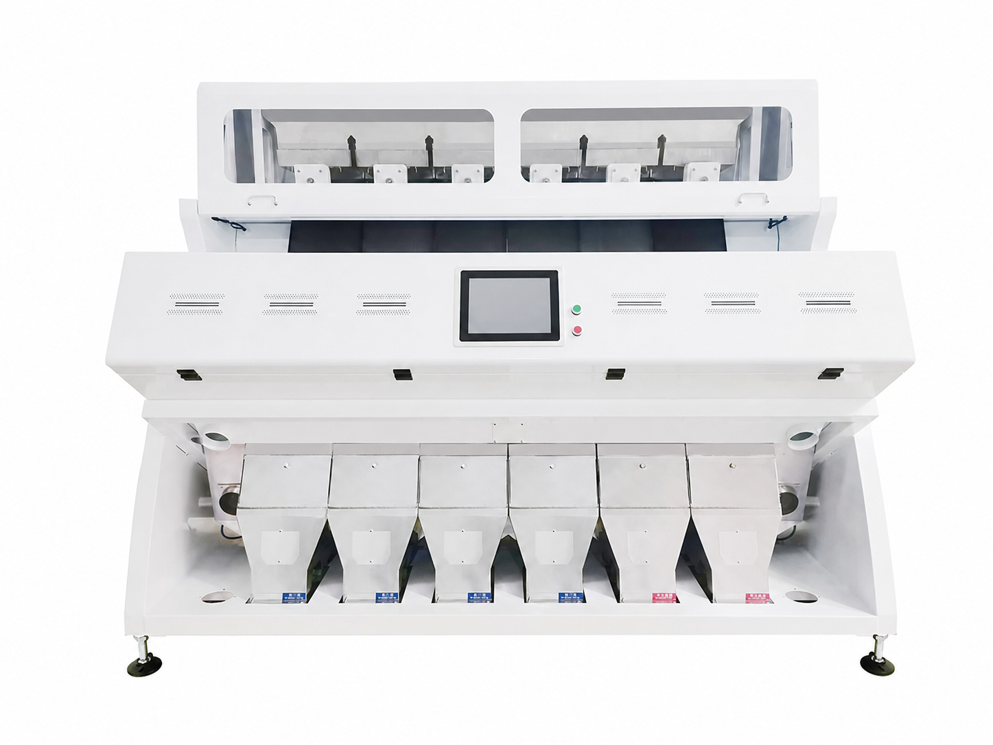 Multi-chute optical sorting machine on a white studio background